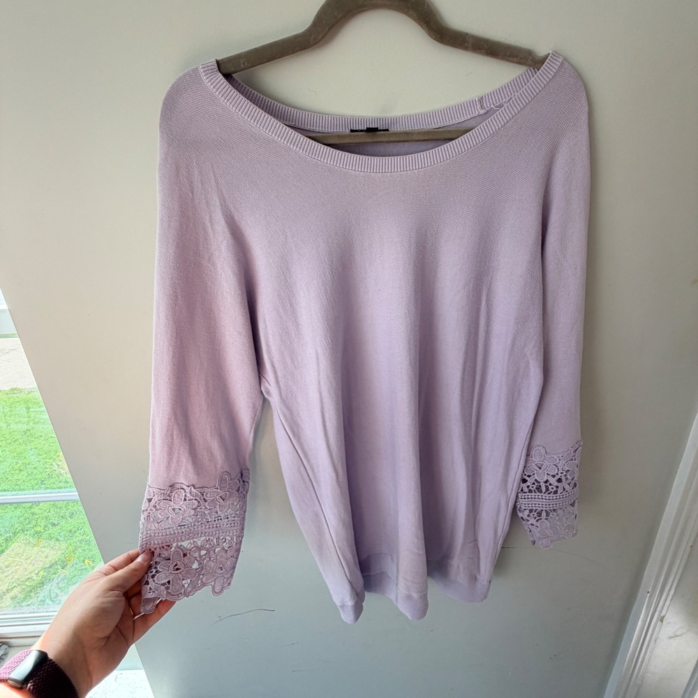 Talbots Lace Cuff Sweater Women Size MP Purple Cotton Blend Minimalist Coquette